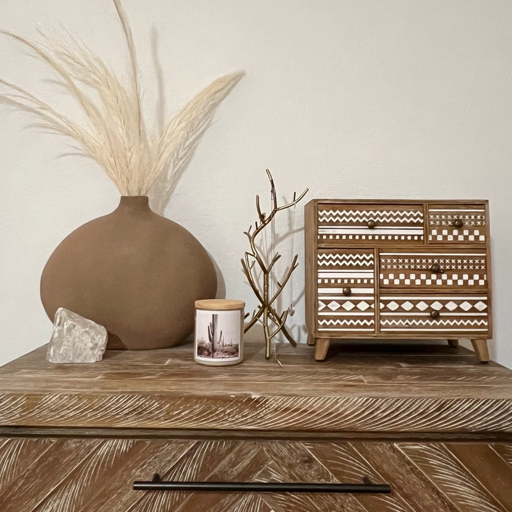 Like New Boho Tribal Wood 5 Drawer Jewelry Box